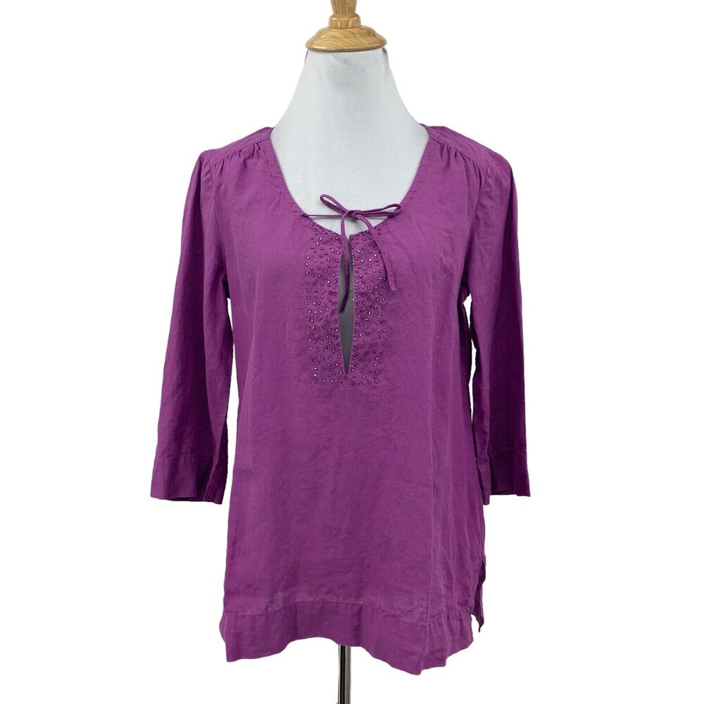 Eileen Fisher Linen Shirt Women XS Extra Small Beaded Keyhole Tie Quarter Sleeve